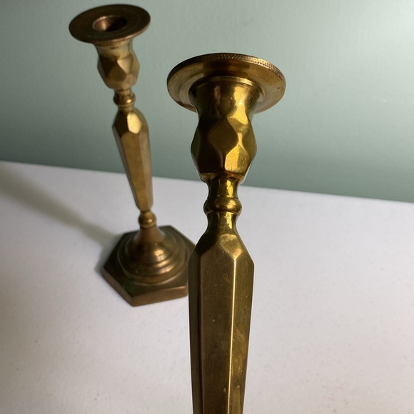 Solid Brass Hexagon Design Candlestick Holder Set of 2 - Picture 4 of 5